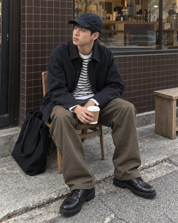 LOOK 1 네이비 초어 자켓에 스트라이프 티