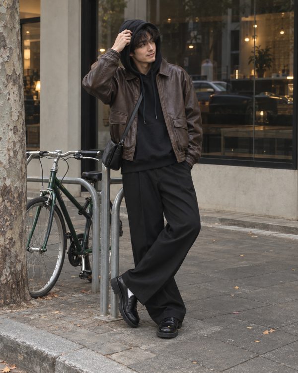 LOOK 2 브라운 레더 자켓에 블랙 후드
