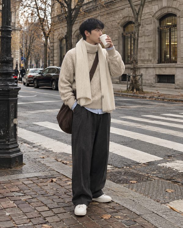 LOOK 4 베이지 케이블 터틀넥에 아이보리 머플러