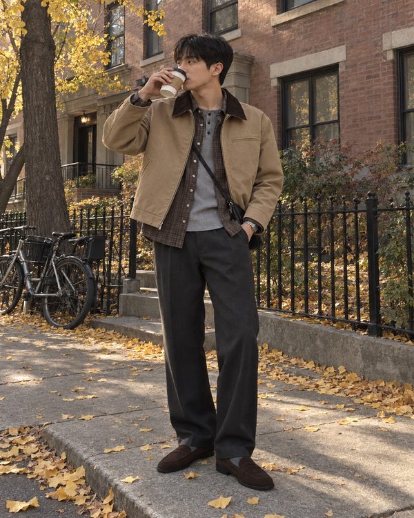 LOOK 1 베이지 워크 자켓에 체크 셔츠